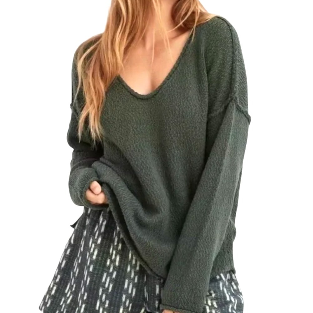 AERIE Oversized VOOP SWEATER Forrest Green Textured V-SCOOP NECK Rolled Edges L